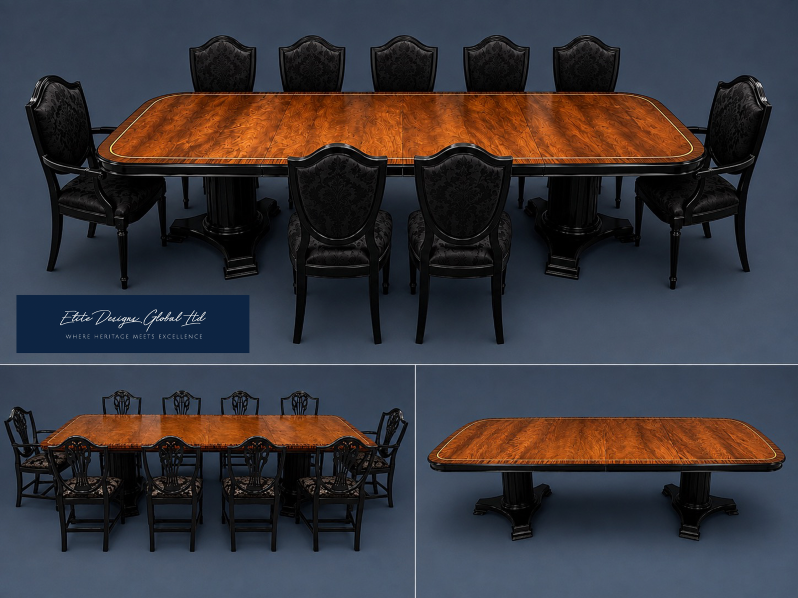 Elite Stunning Two tone Gloss pitch black Grand Burr & Flame Mahogany & Rosewood inlay Twin Pedestal Extending Dining Table