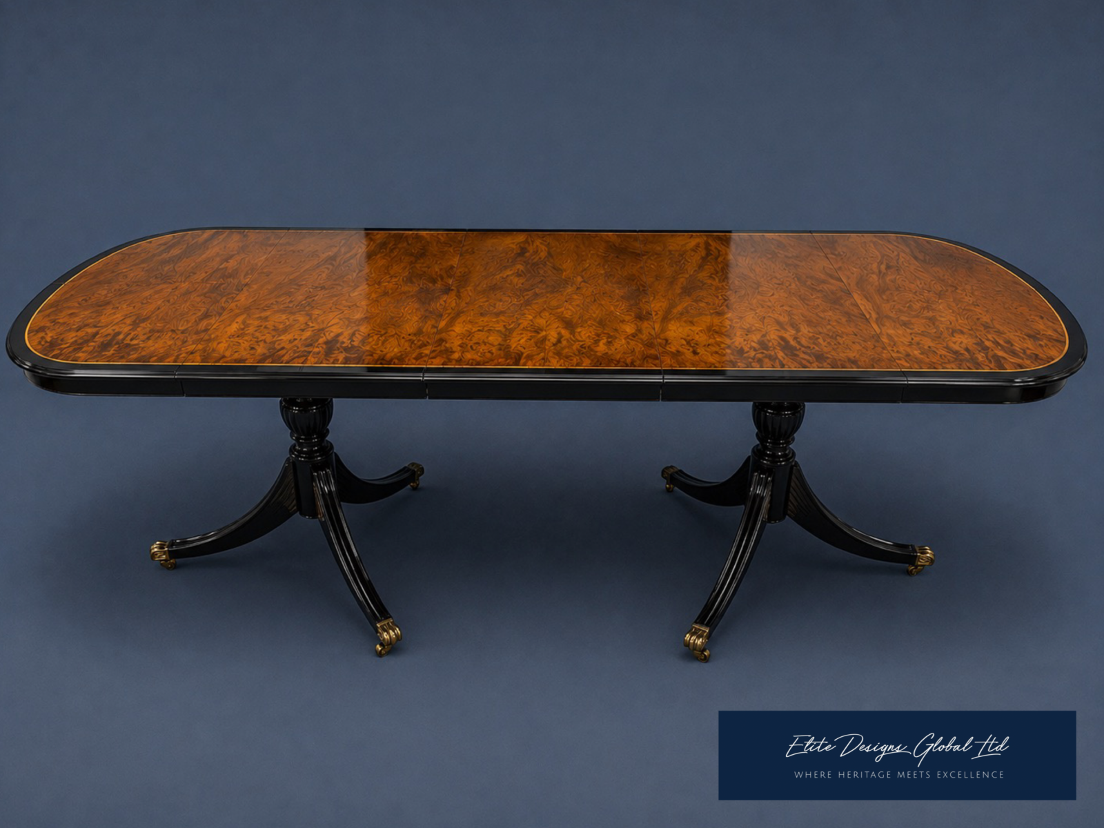 Elite Art Deco style Burr Yew tree & Gloss Black dining table