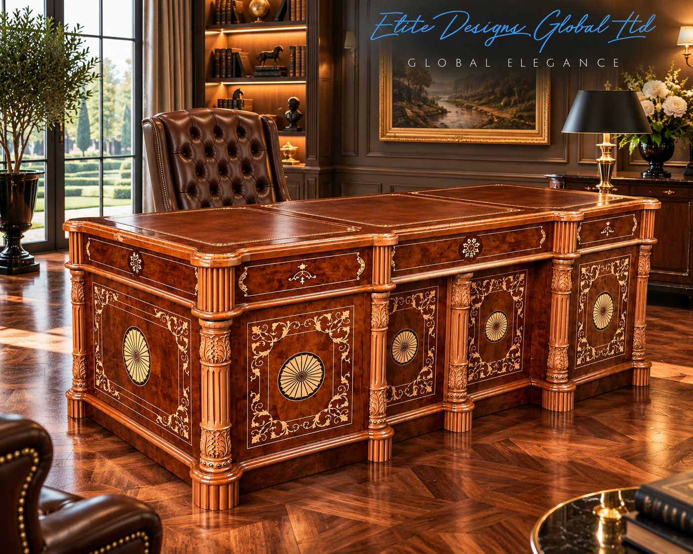 Elite Magnificent Louis Style Burr Walnut Marquetry Luxury Executive Partners Desk